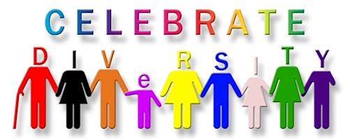 The word celebrate appears across the top in large, multicolored letters. Beneath it, the word diversity is spelled out with spaced letters. Along the bottom is a row of stylized human figures holding hands. The figures are shown in different colors, heights, and body shapes, suggesting people of different backgrounds, ages, and identities.